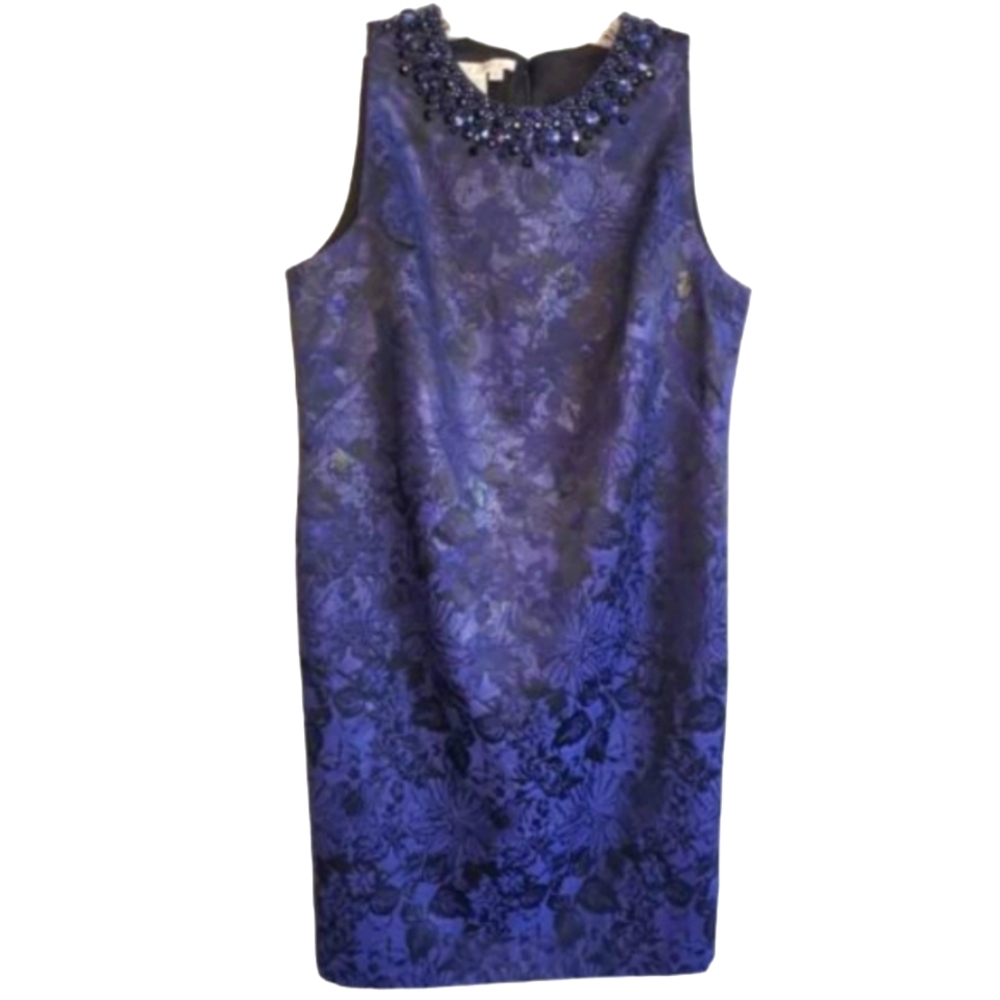 Maggy London Navy Blue & Black Floral Rhinestone Detail Sheath Dress